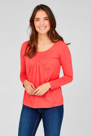 zwangerschaps- en voedingslongsleeve met plooien koraalrood