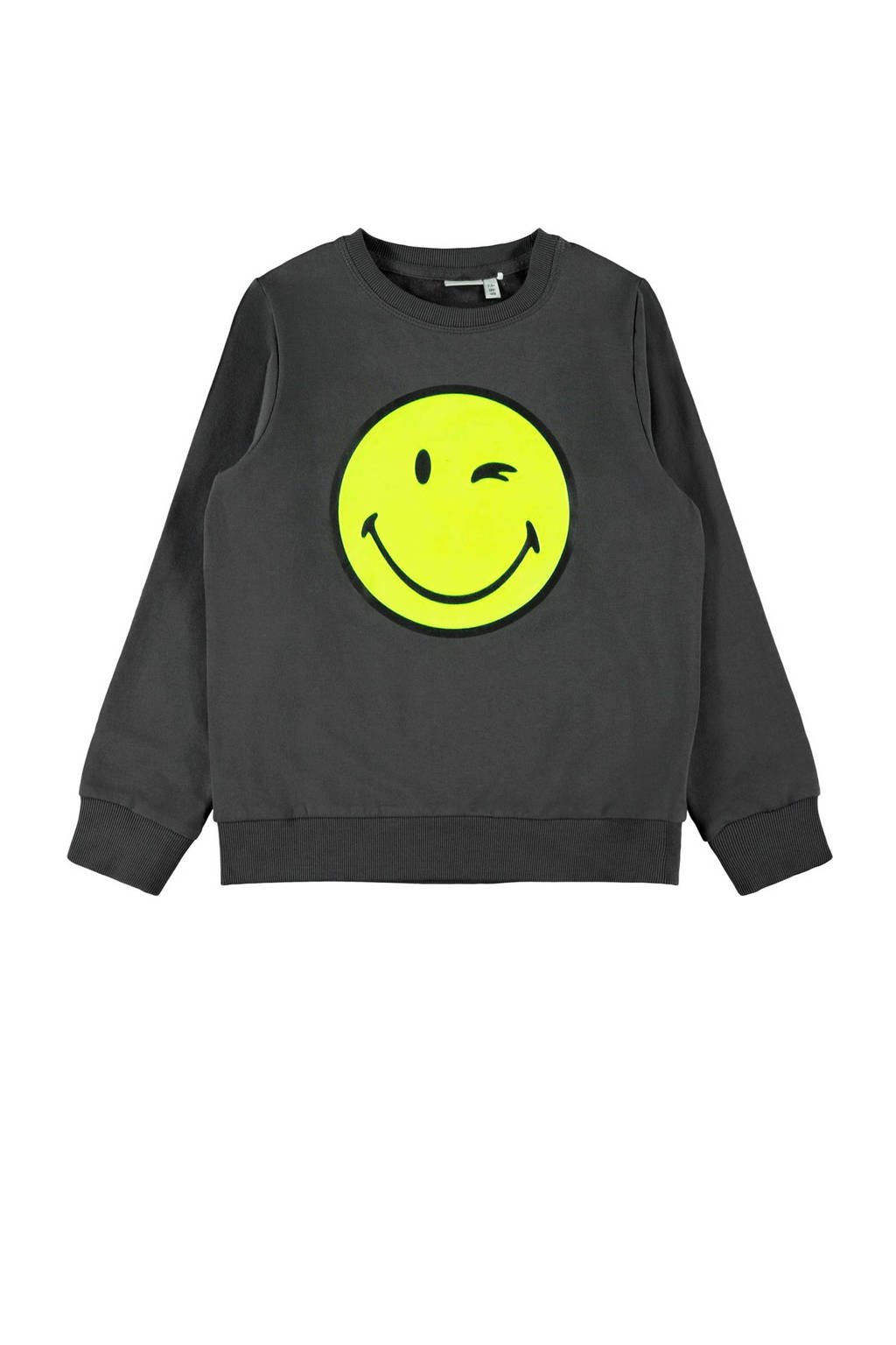 NAME IT KIDS sweater Happy met printopdruk antraciet/geel/zwart, Antraciet/geel/zwart