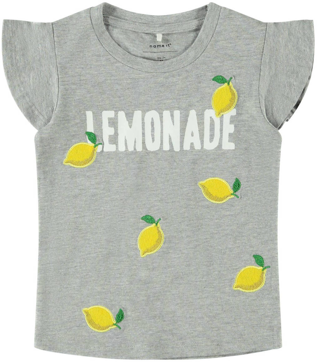 NAME IT MINI slim fit T-shirt Dara met tekst grijs melange/geel/wit, Grijs melange/geel/wit