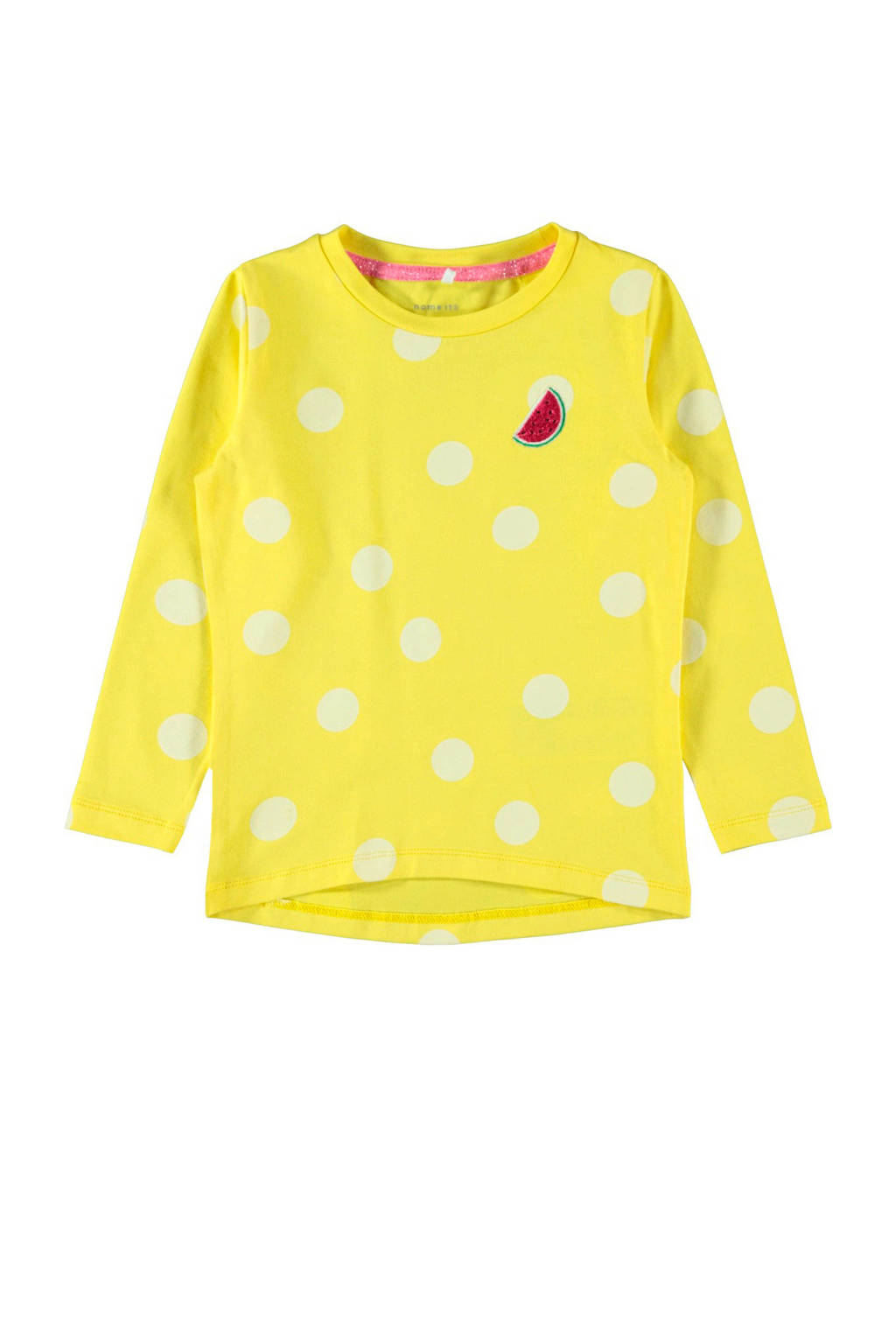 NAME IT MINI longsleeve Dalla met stippen en pailletten geel/wit/rood, Geel/wit/rood
