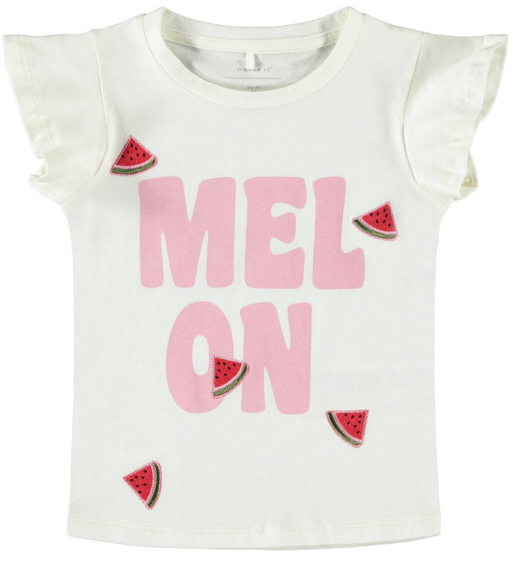 NAME IT MINI slim fit T-shirt Dara met tekst ecru/roze, Ecru/roze
