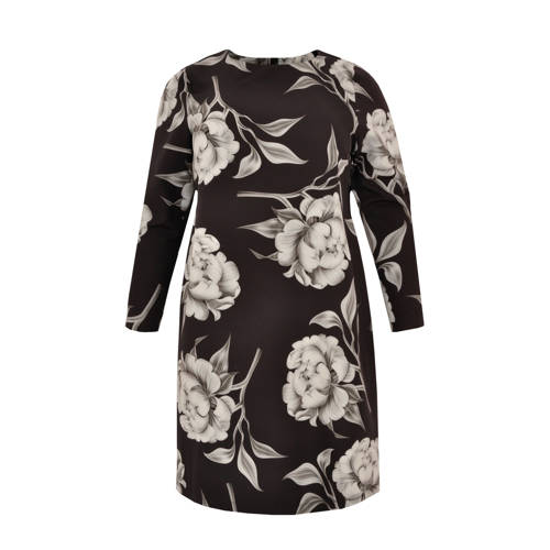 Yoek gebloemde jersey jurk zwart wit Yoek gebloemde jersey jurk zwart wit