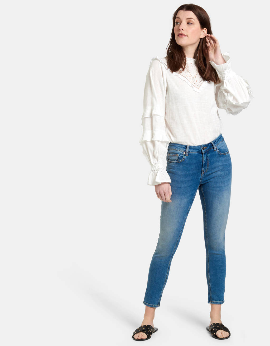 Blauwe dames Shoeby Eksept cropped high waist skinny jeans Ametist Denim L32 met rits- en knoopsluiting