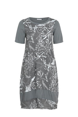 linnen T-shirtjurk met all over print grijs/wit