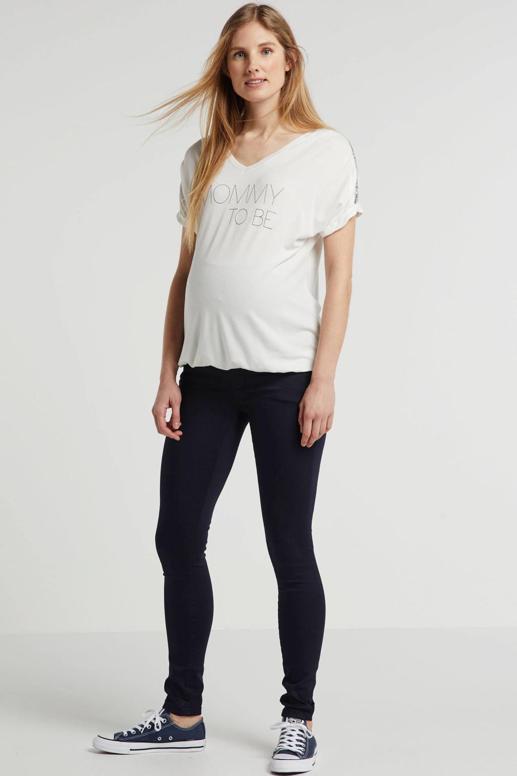 Donkerblauwe dames Noppies maternity low waist super skinny zwangerschapsjeans Romy van stretchdenim met rits- en knoopsluiting en effen