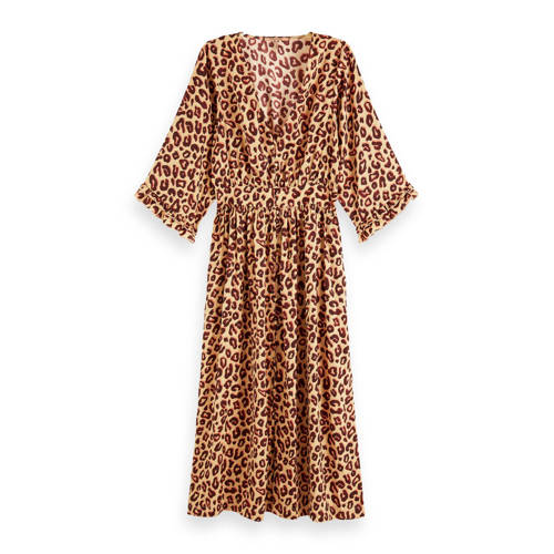Scotch Soda jurk met panterprint en ruches beige aubergine Scotch Soda jurk met panterprint en ruches beige aubergine