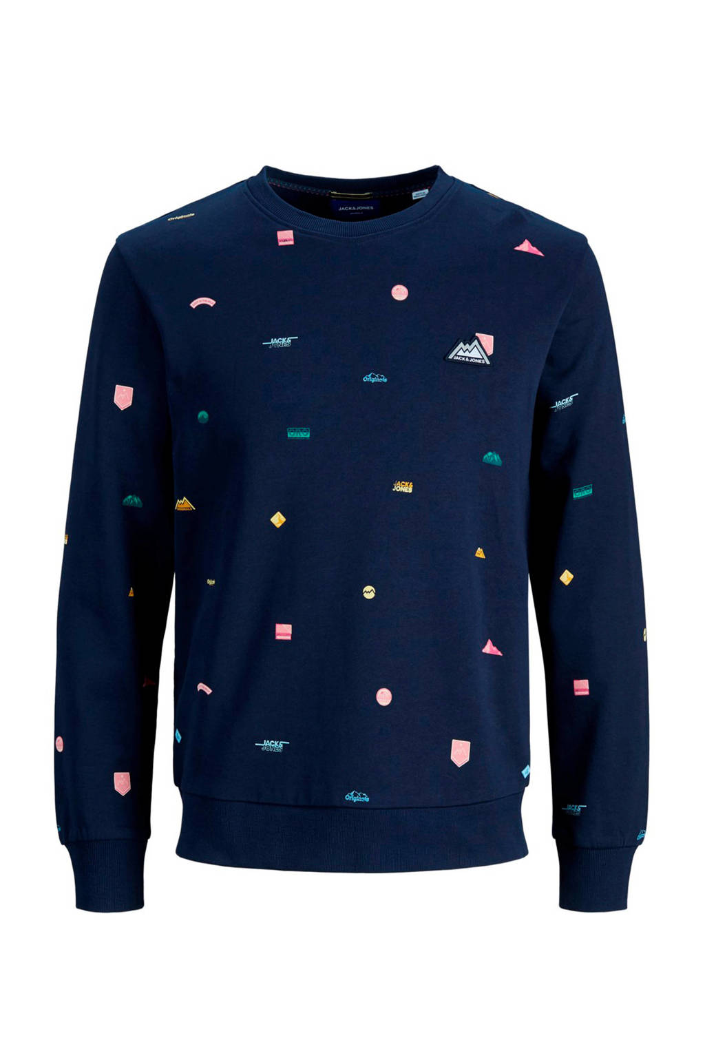 JACK & JONES ORIGINALS sweater met all over print donkerblauw/groen/geel, Donkerblauw/groen/geel