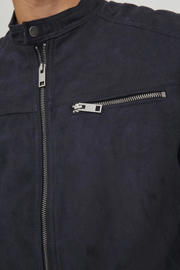 thumbnail: Zwarte heren JACK & JONES ESSENTIALS imitatieleren jack stonewashed van suèdelook met lange mouwen, opstaande kraag, ritssluiting en quilted