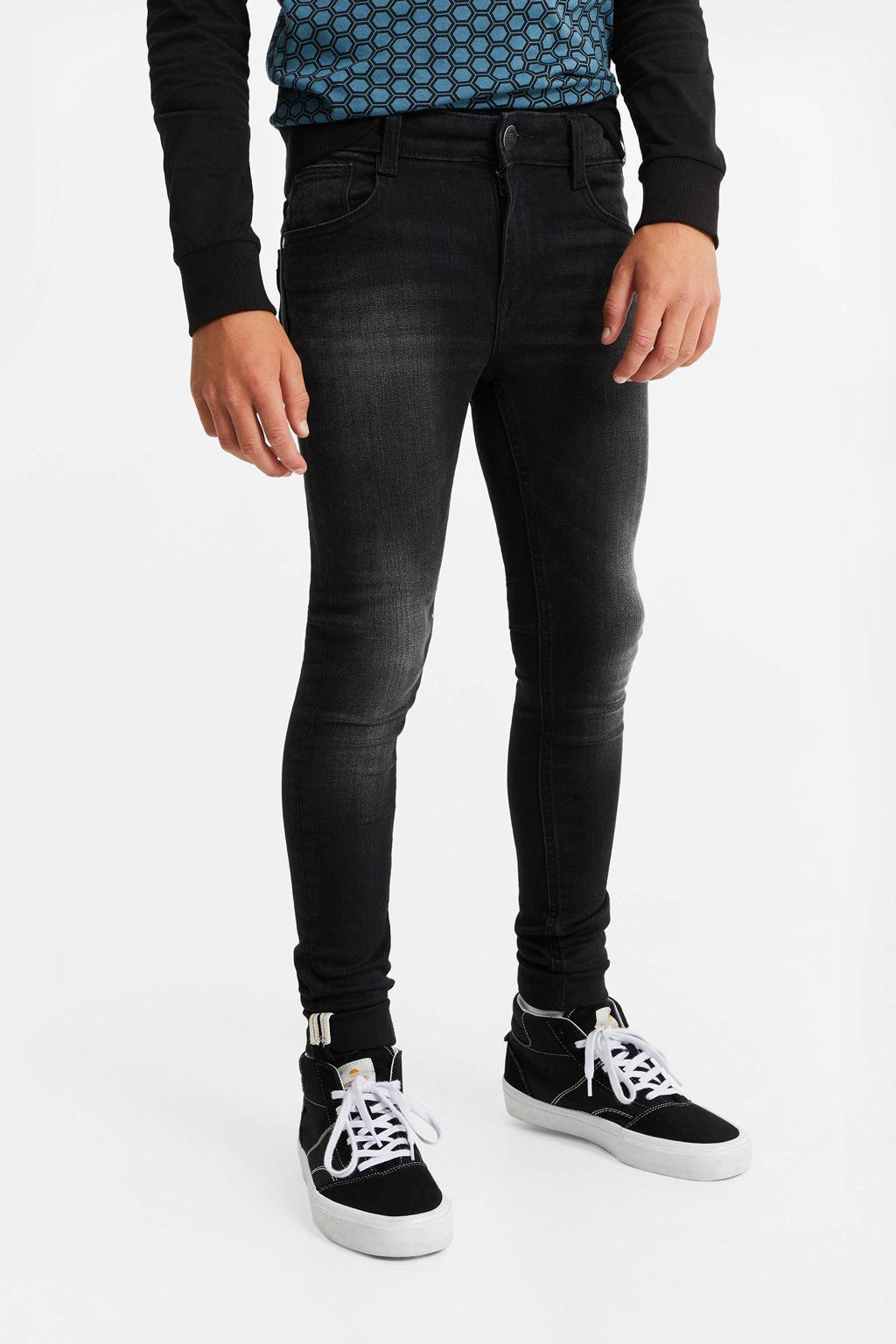 Zwarte jongens WE Fashion Blue Ridge super skinny jeans van denim met rits- en knoopsluiting