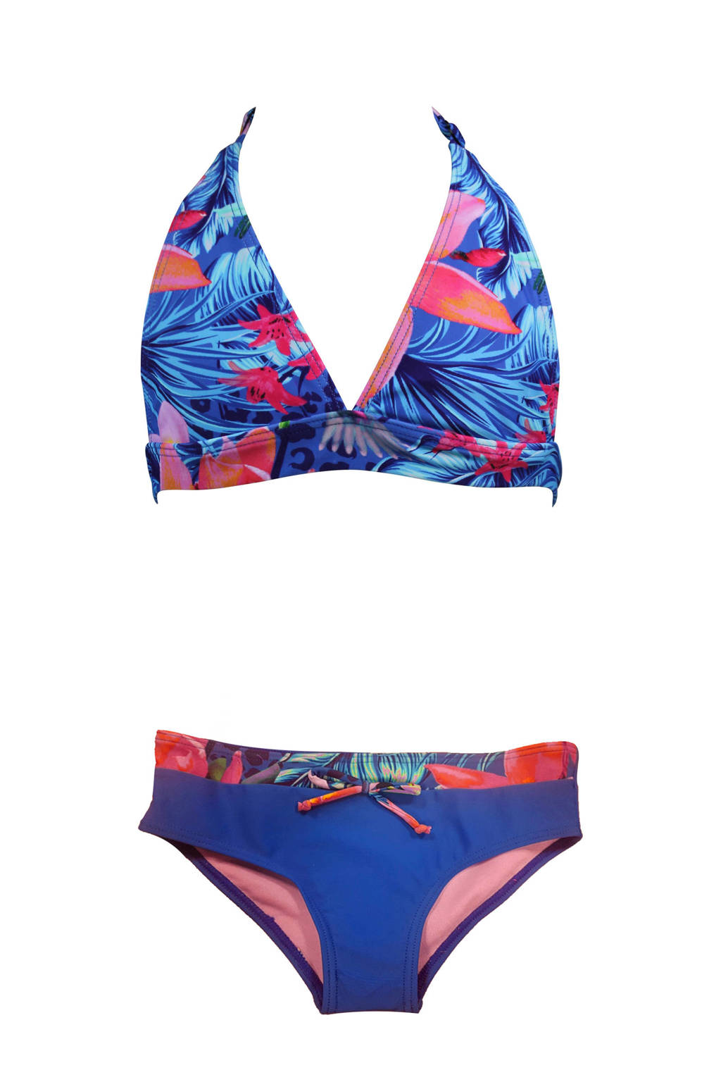 DJ Dutchjeans halter bikini met all over print blauw, Blauw/koraalrood