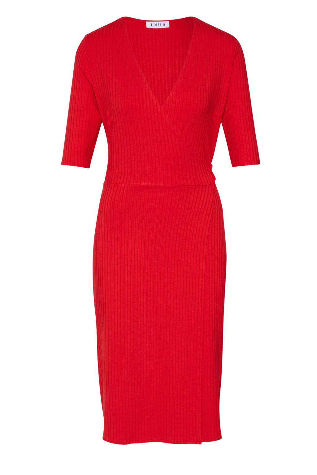 EDITED ribgebreide overslagjurk Portia rood, Rood
