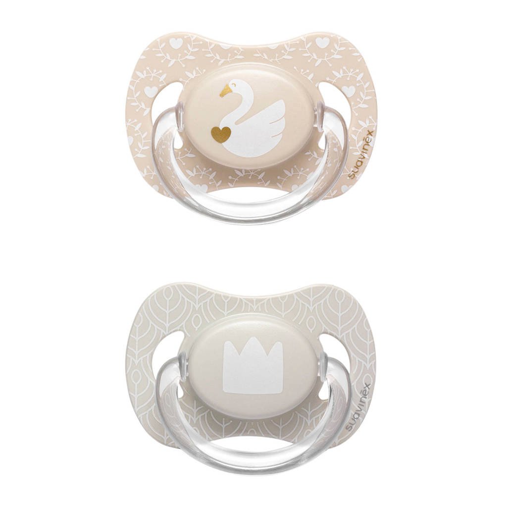 Suavinex Swan fopspeen silicone 0-4 mnd - set van 2 zwaan + kroon, Beige/grijs