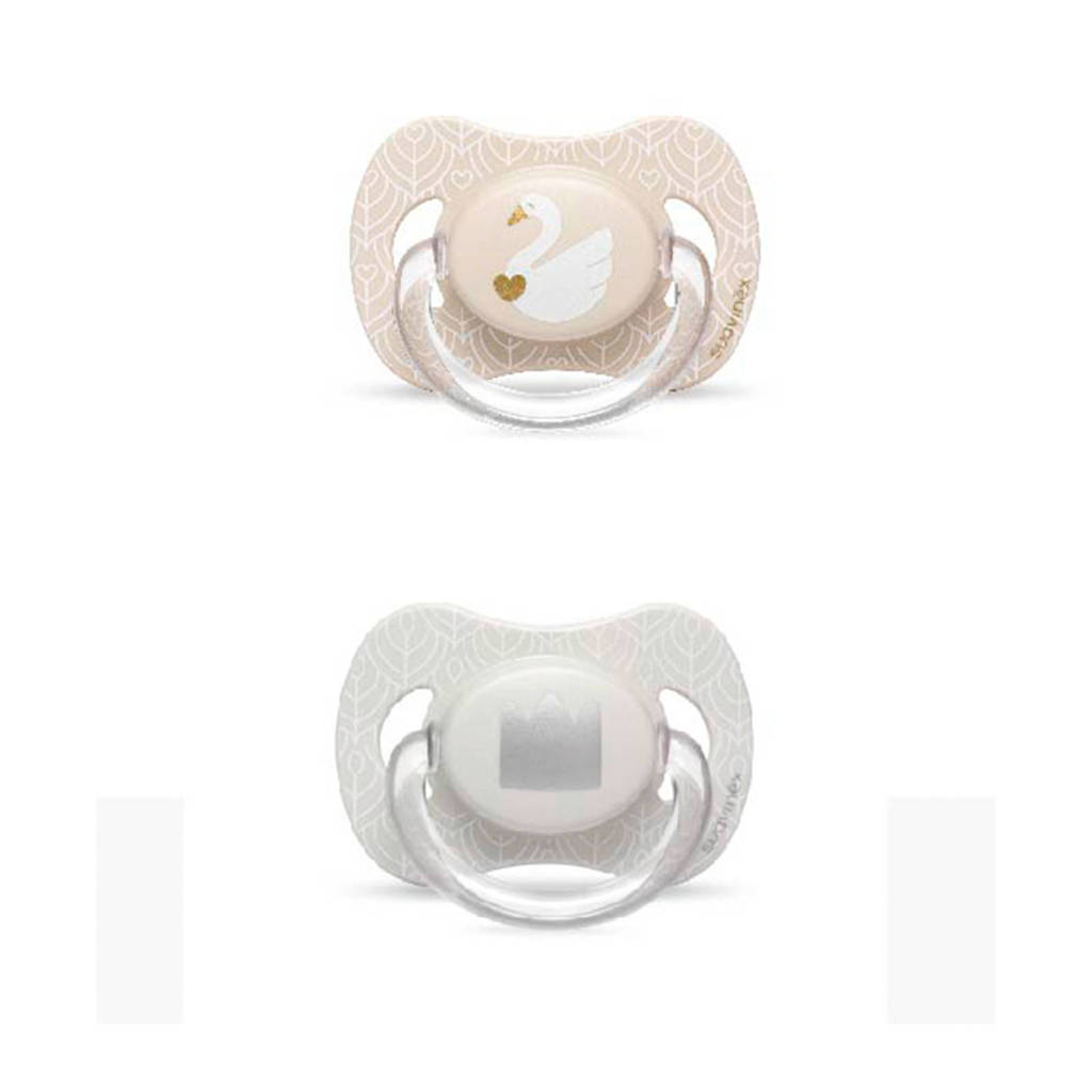 Suavinex Swan fopspeen silicone 4-18 mnd - set van 2 zwaan + kroon beige, Beige