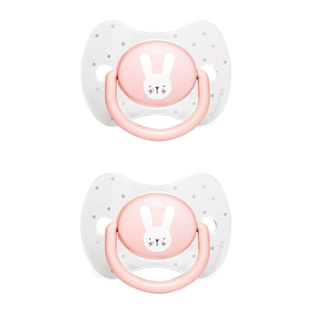 Suavinex Hygge fopspeen silicone Physio 0-6 mnd - set van 2 Rabbits roze, Roze