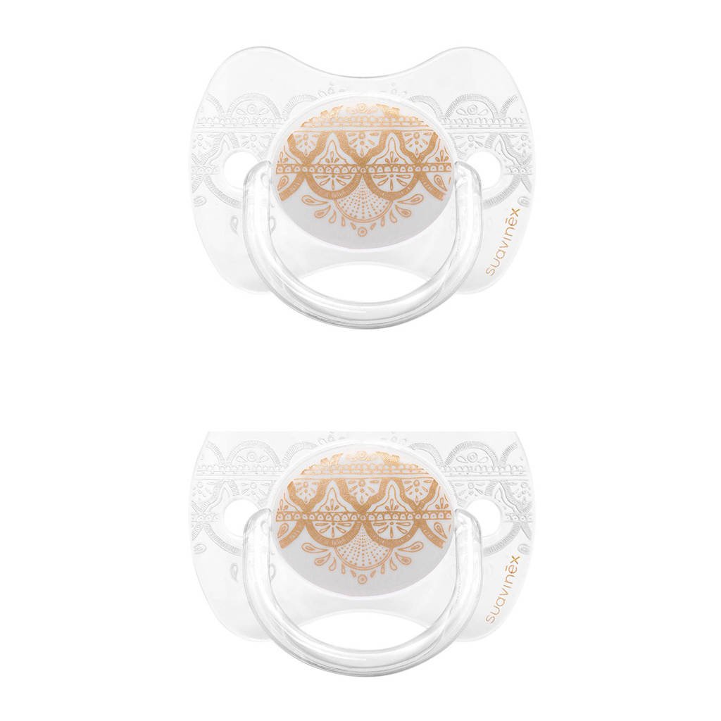 Suavinex Couture fopspeen silicone Grey 0-4 mnd - set van 2, Wit/goud