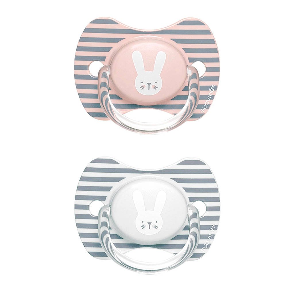 Suavinex Hygge fopspeen silicone Physio 6-18 mnd - set van 2 Rabbits roze/grijs, Roze/grijs