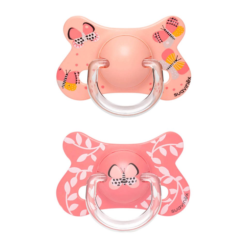 Suavinex Fusion fopspeen latex +18 mnd Butterflies - set van 2 roze, Roze