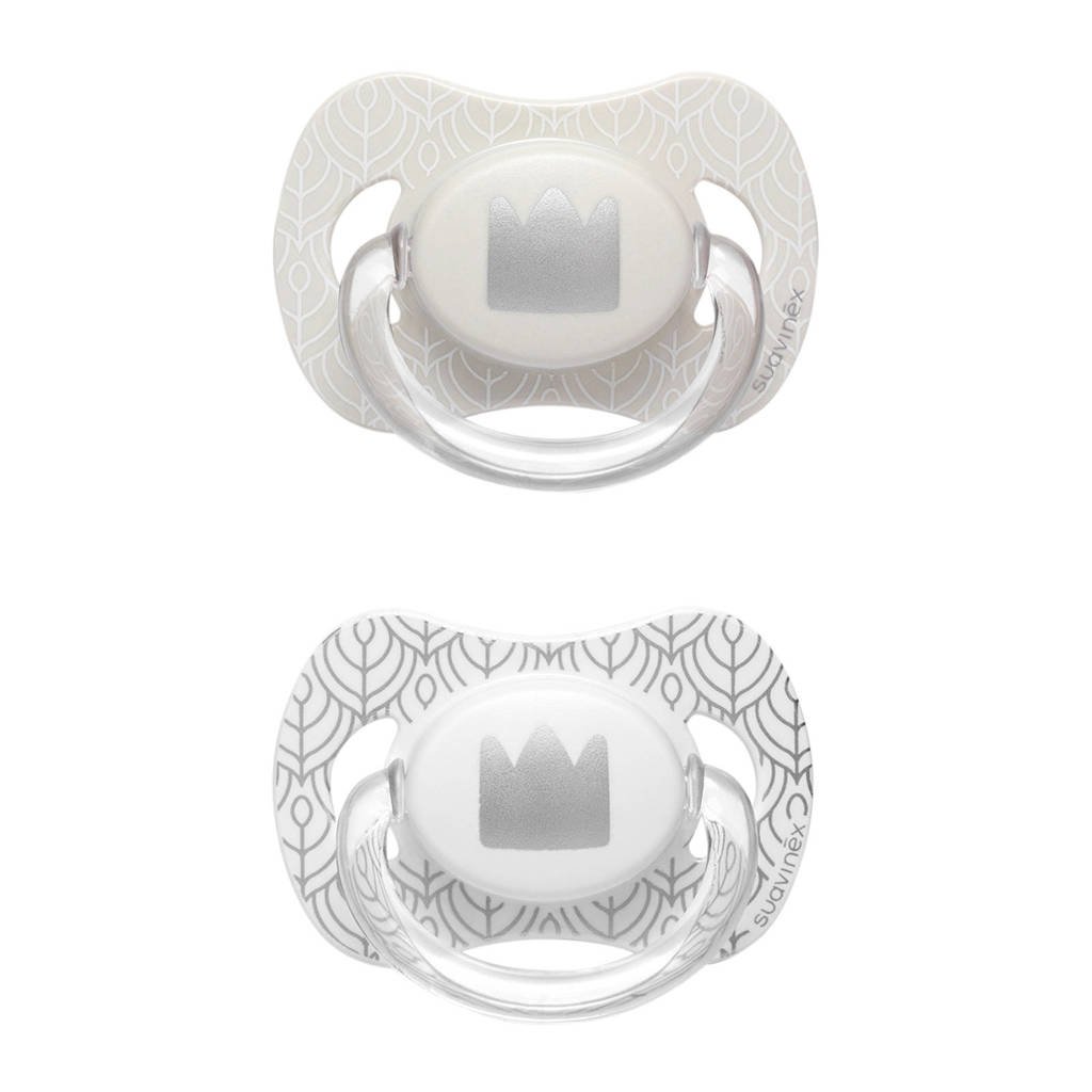 Suavinex Swan fopspeen silicone 4-18 mnd - set van 2 kroon beige + zilver, Beige/zilver