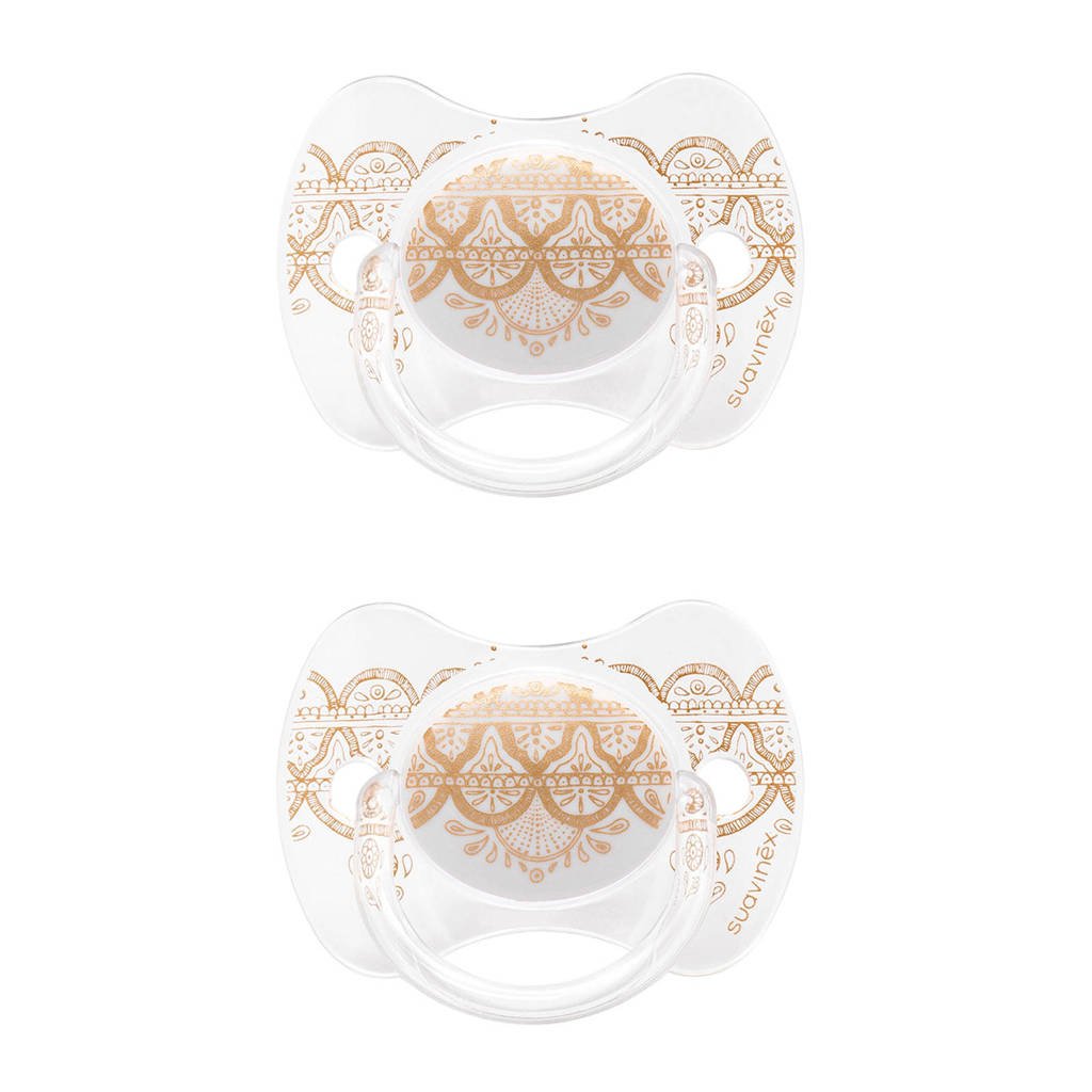 Suavinex Couture fopspeen silicone 4-18 mnd Grey - set van 2, Wit/goud