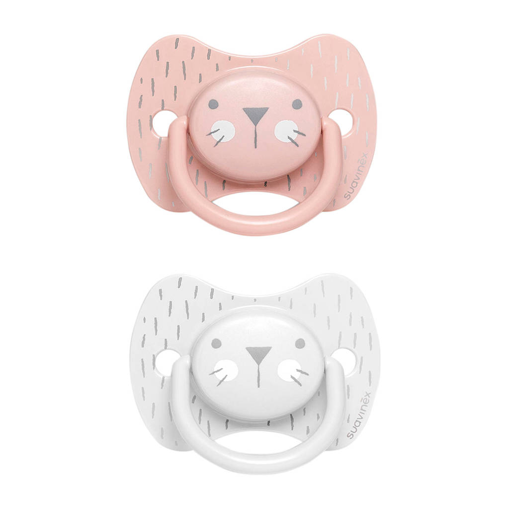 Suavinex Hygge fopspeen silicone Physio +18 mnd - set van 2 Whiskers roze/grijs, Roze/grijs