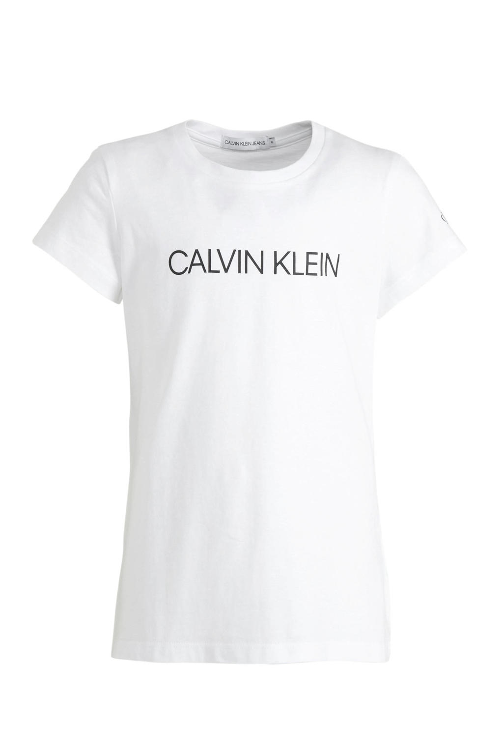Witte meisjes CALVIN KLEIN JEANS slim fit T-shirt van katoen met logo dessin, korte mouwen en ronde hals
