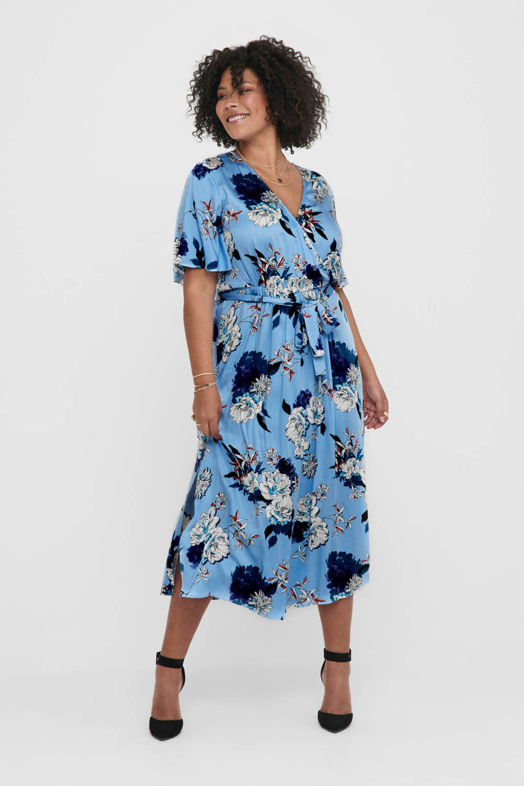 ONLY CARMAKOMA jurk met all over print en ceintuur blauw, Blauw