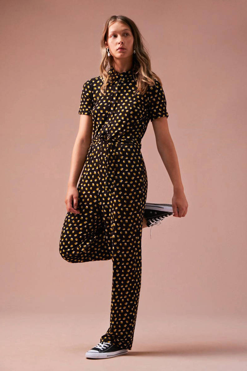 King Louie jumpsuit Rosie met bladprint zwart/geel wehkamp