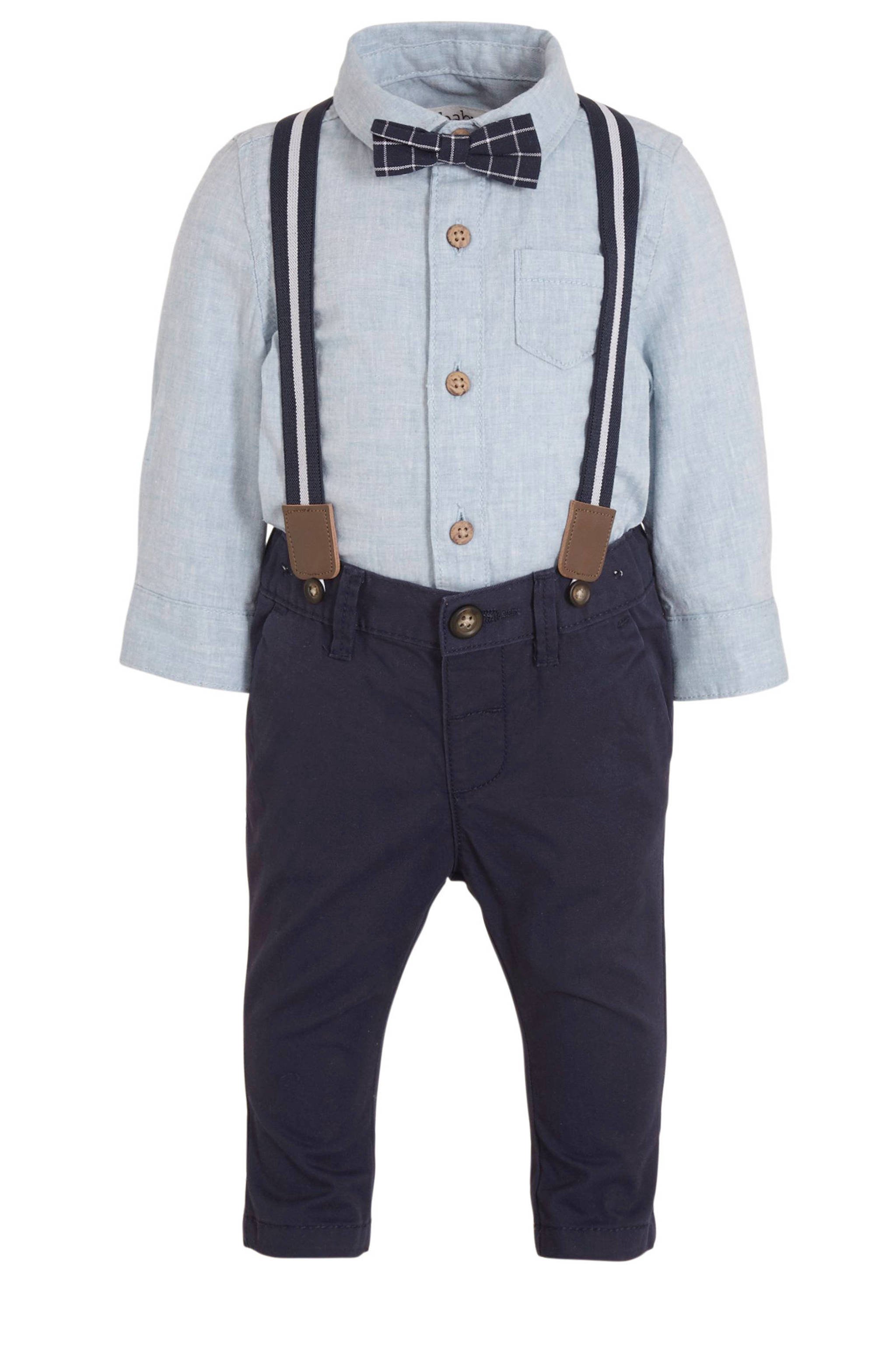 mosterd bezig prins C&A Baby Club overhemd + broek met strik en bretels - set van 4  lichtblauw/donkerblauw | wehkamp