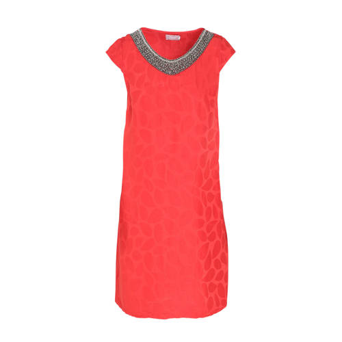 Cassis jurk met linnen en bladprint rood Cassis jurk met linnen en bladprint rood