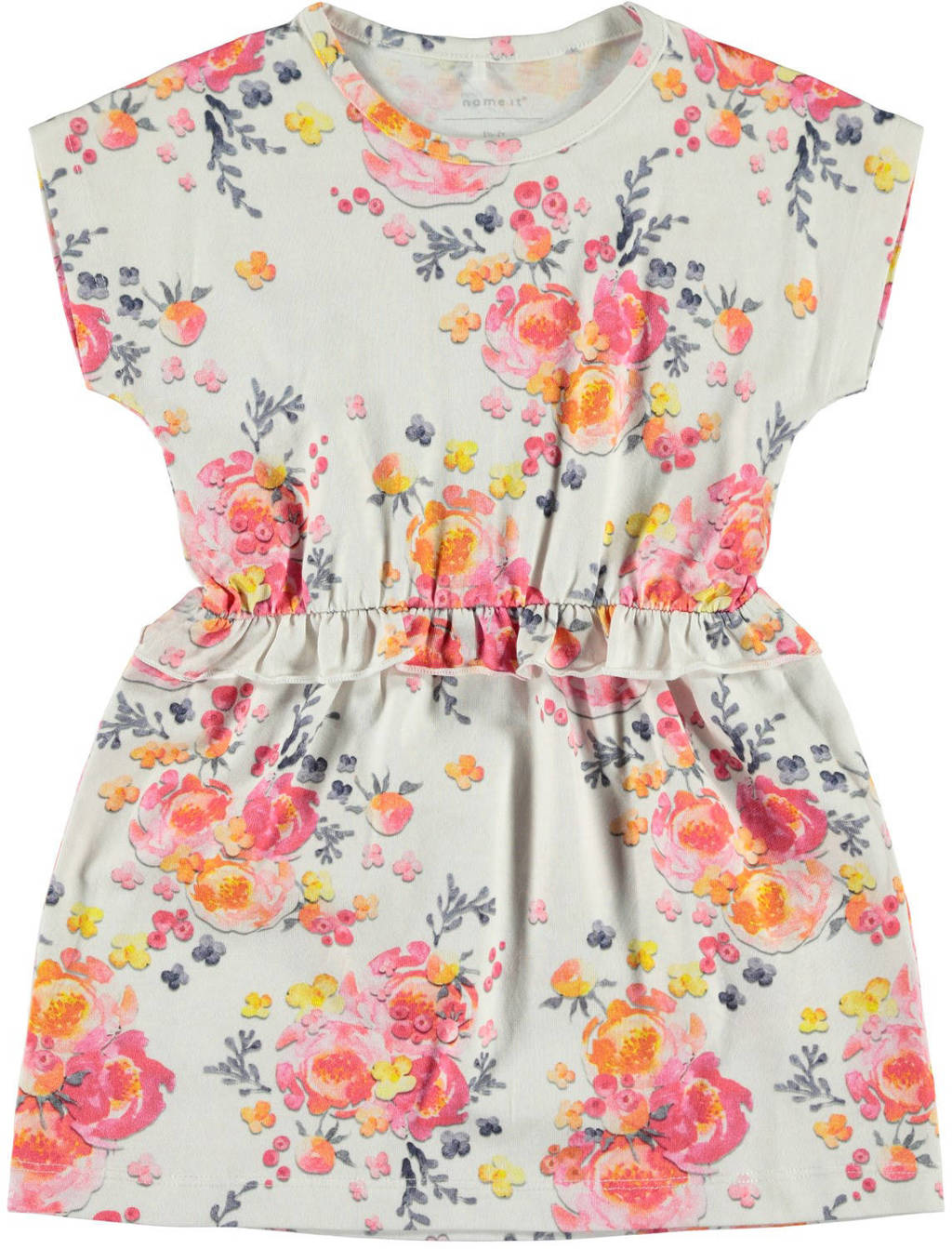 NAME IT MINI jersey jurk Jalina met biologisch katoen ecru/roze/oranje, Ecru/roze/oranje