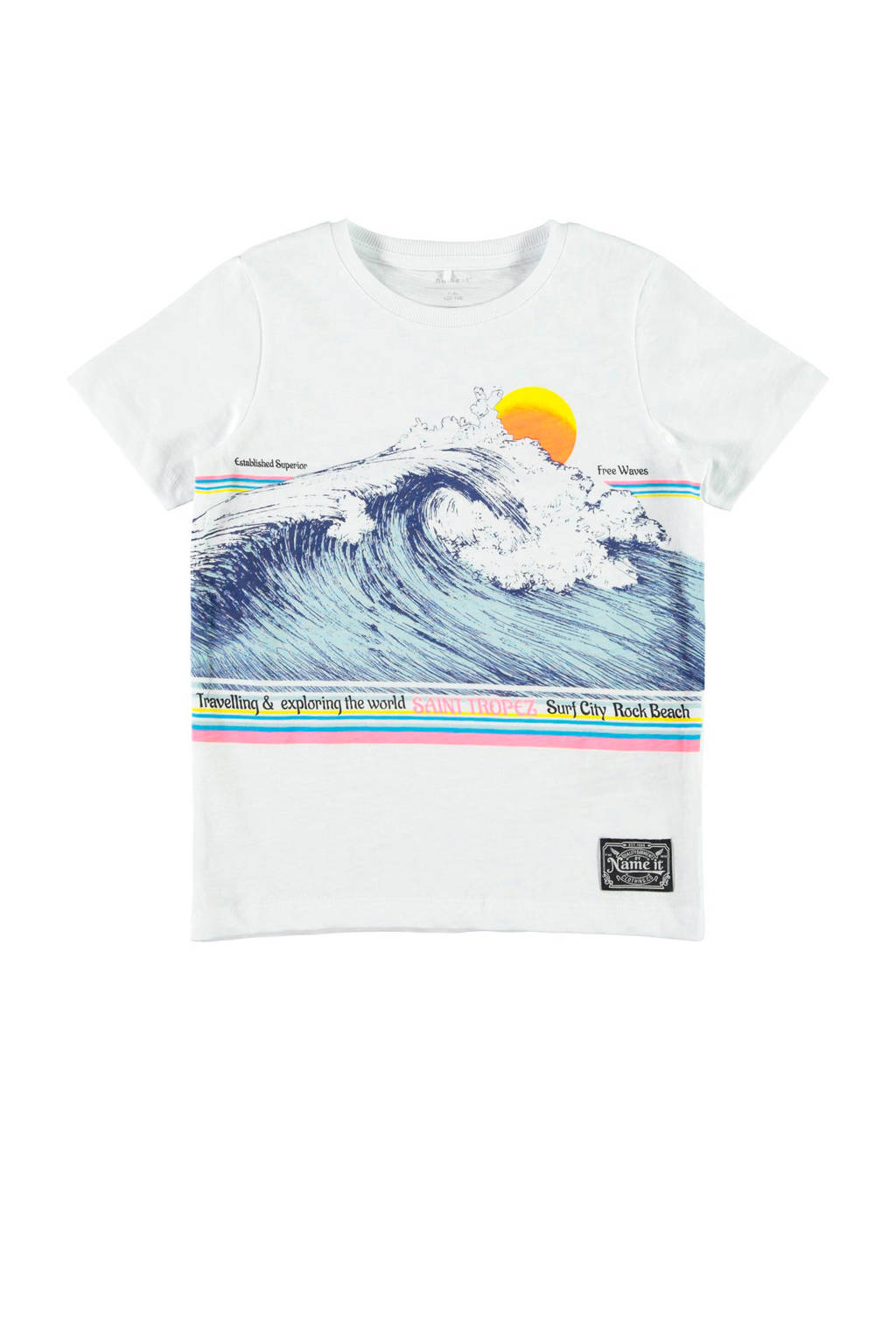 NAME IT KIDS T-shirt Fagiolo van biologisch katoen wit/blauw/roze, Wit/blauw/roze