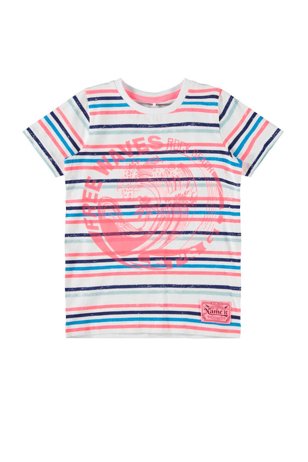 NAME IT KIDS gestreept T-shirt Fonzo met biologisch katoen wit/oudroze/blauw, Wit/oudroze/blauw