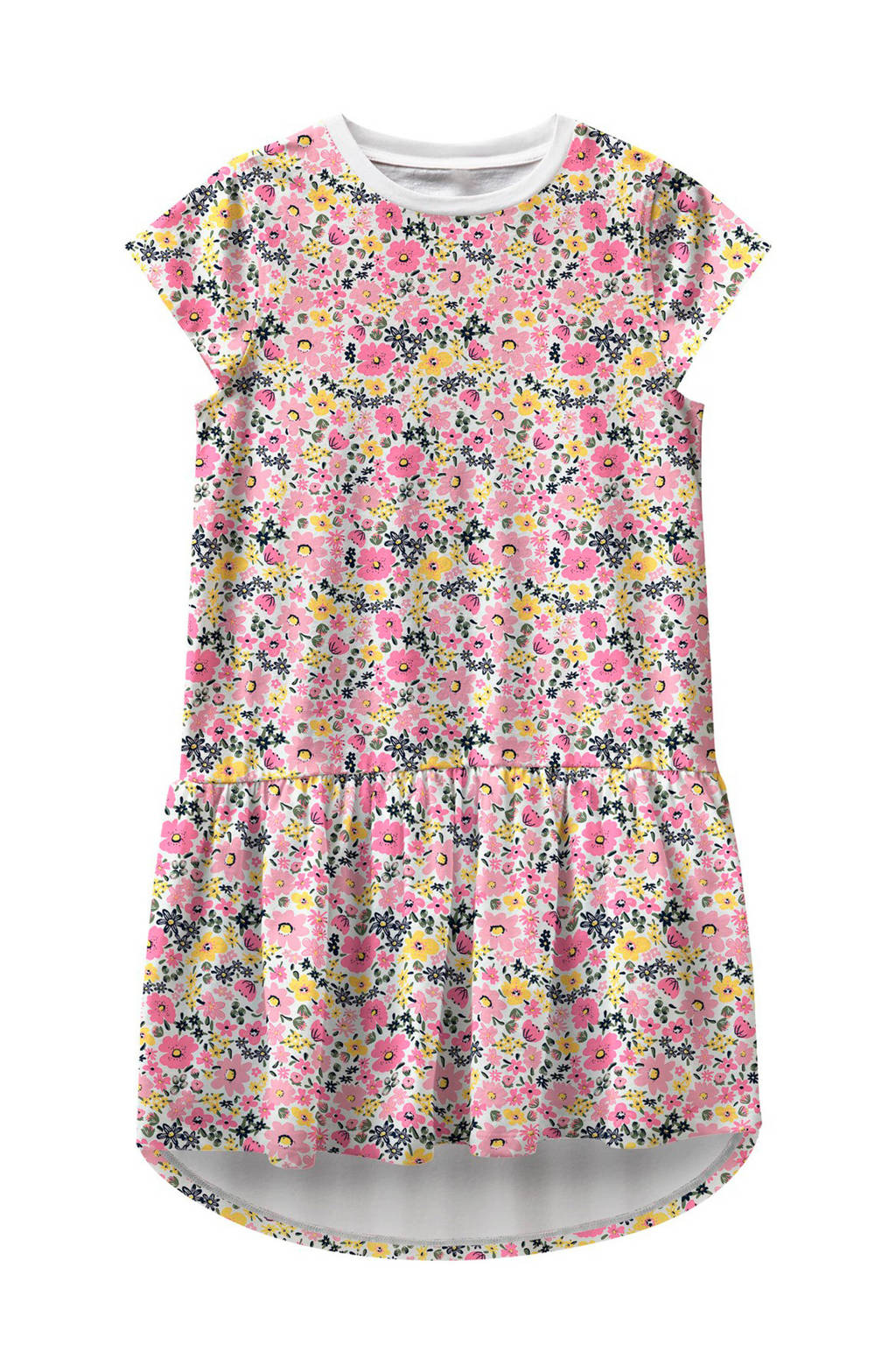 NAME IT MINI gebloemde jersey jurk Vigga van biologisch katoen roze/geel, Roze/geel