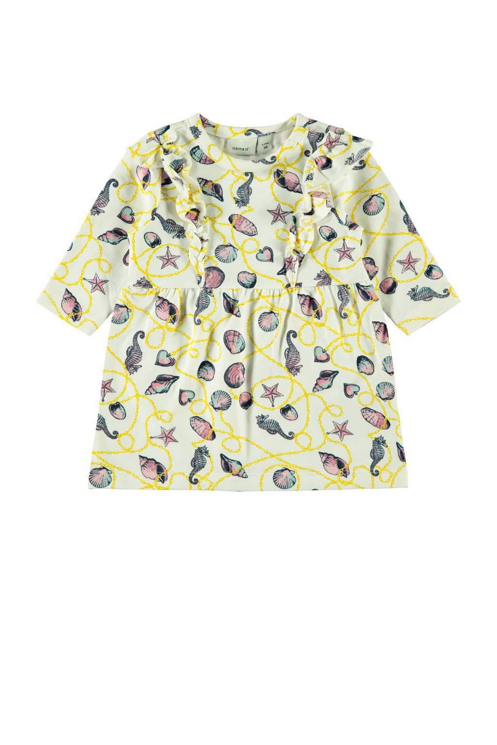 NAME IT BABY sweatjurk Felina met all over print en volant ecru/geel, Ecru/geel