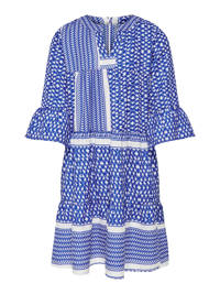 KIDS ONLY jurk Alberte met grafische print en plooien blauw/wit, Blauw/wit