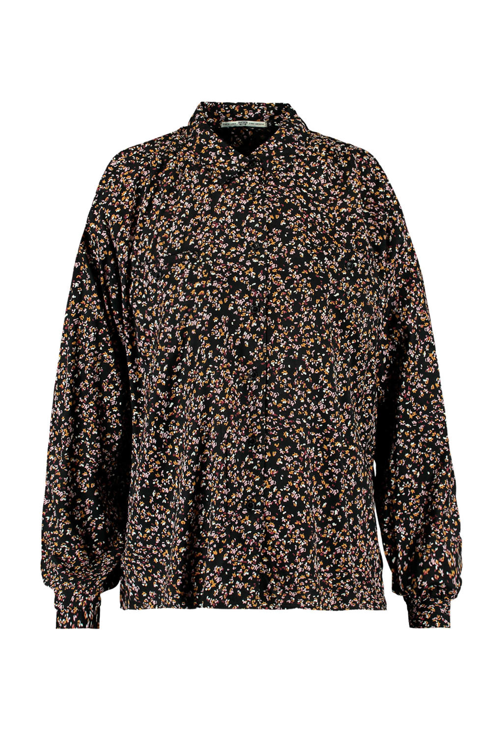 Zwart, rood en gele dames America Today gebloemde blouse van viscose met lange mouwen, klassieke kraag en knoopsluiting