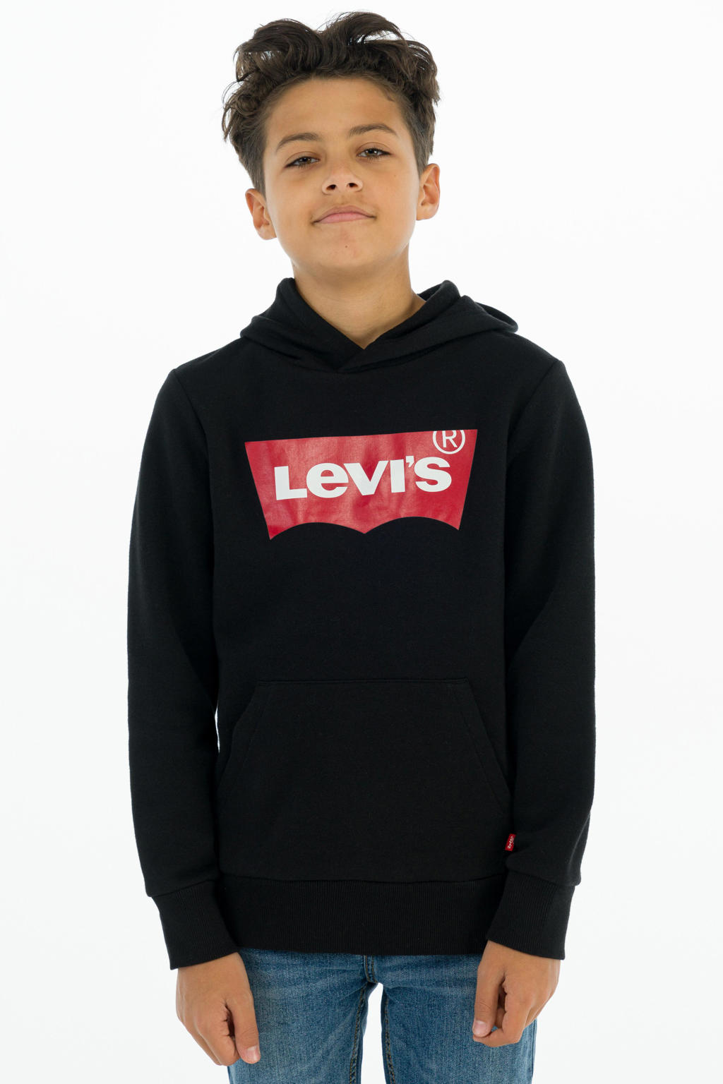 Zwart, rood en witte jongens Levi's Kids hoodie van sweat materiaal met logo dessin, lange mouwen en capuchon