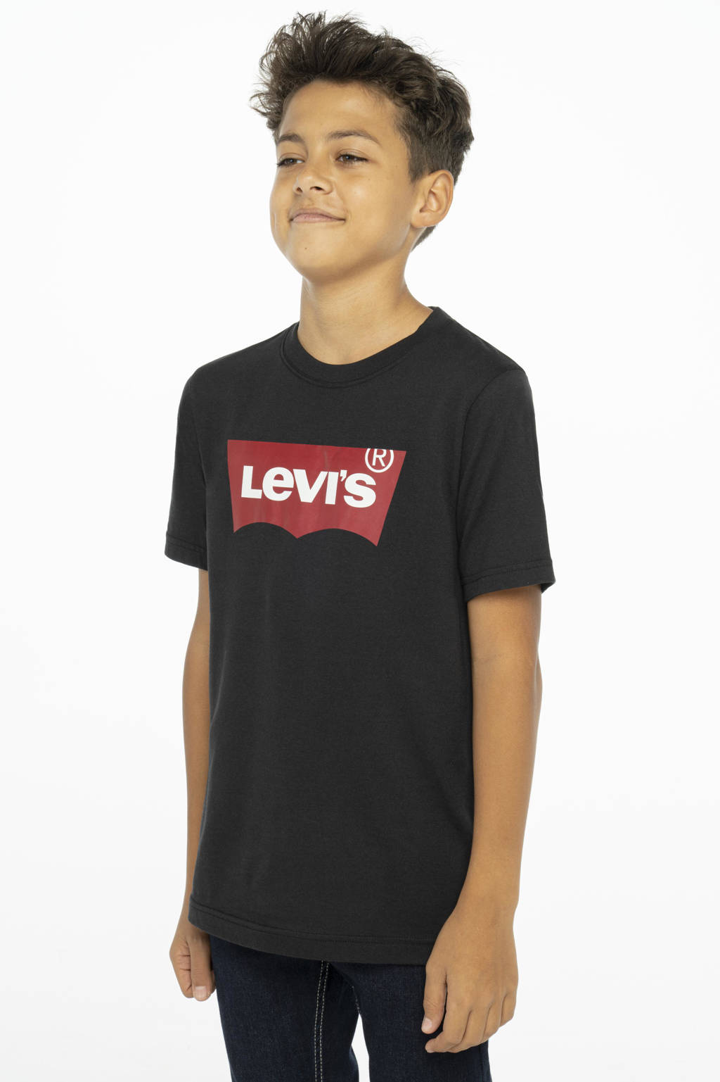 Zwarte jongens Levi's Kids T-shirt Batwing van katoen met logo dessin, korte mouwen en ronde hals