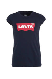 Donkerblauw en rode meisjes Levi's Kids T-shirt Batwing van jersey met logo dessin, korte mouwen en ronde hals