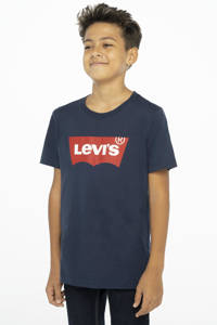 Donkerblauwe jongens Levi's Kids T-shirt Batwing van katoen met logo dessin, korte mouwen en ronde hals