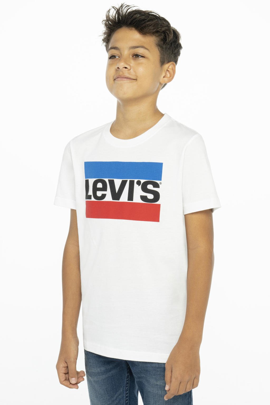 Witte jongens Levi's Kids T-shirt van katoen met logo dessin, korte mouwen en ronde hals