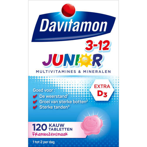 Wehkamp Davitamon Junior 3+ multivitaminen framboos - 120 kauwtabletten aanbieding