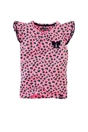T-shirt Nicolette met panterprint en ruches lichtroze/donkergroen/zwart