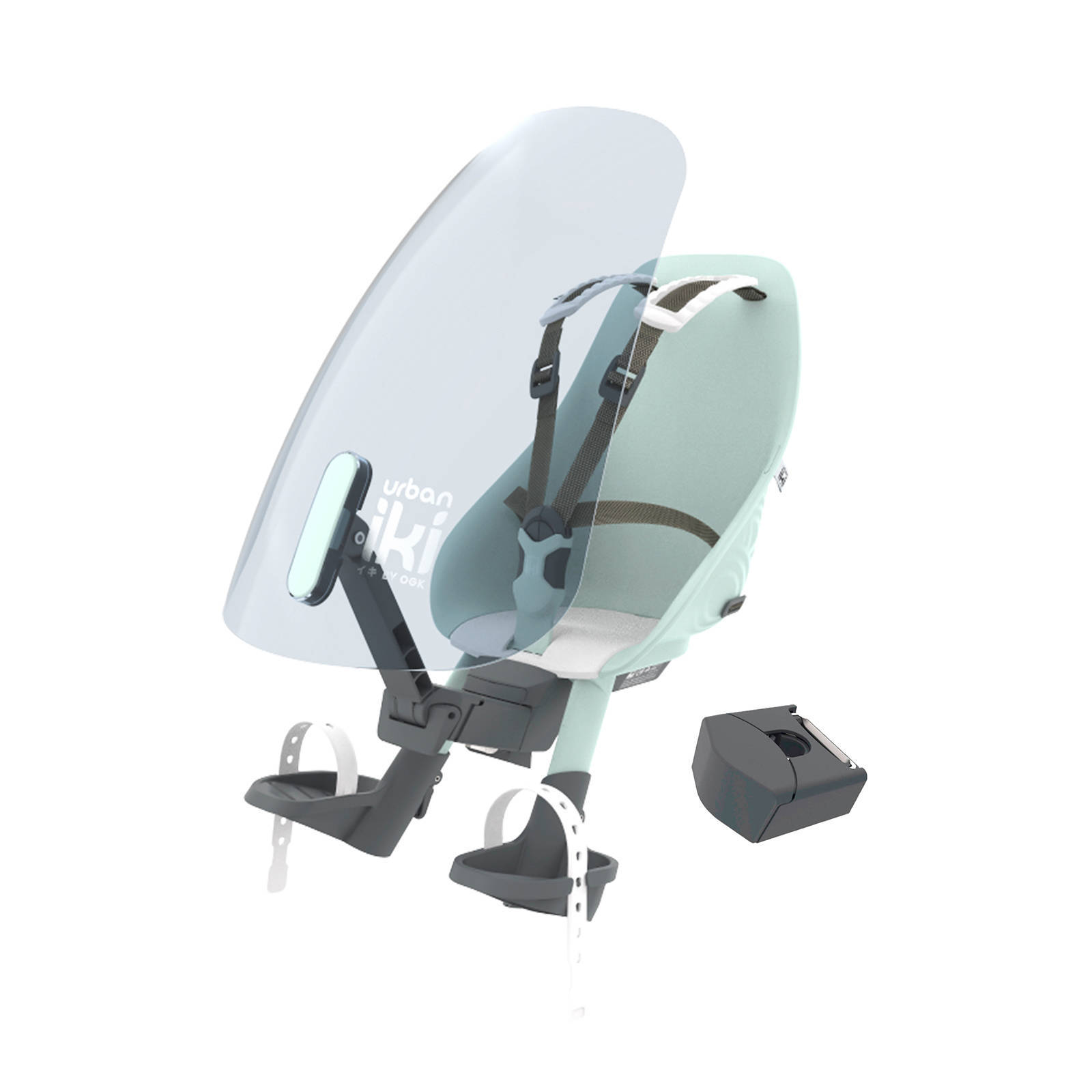 Urban Iki fietsstoeltje voor + windscherm actie met gratis montageblok  Aotake Mint Blue / Shinju White | wehkamp