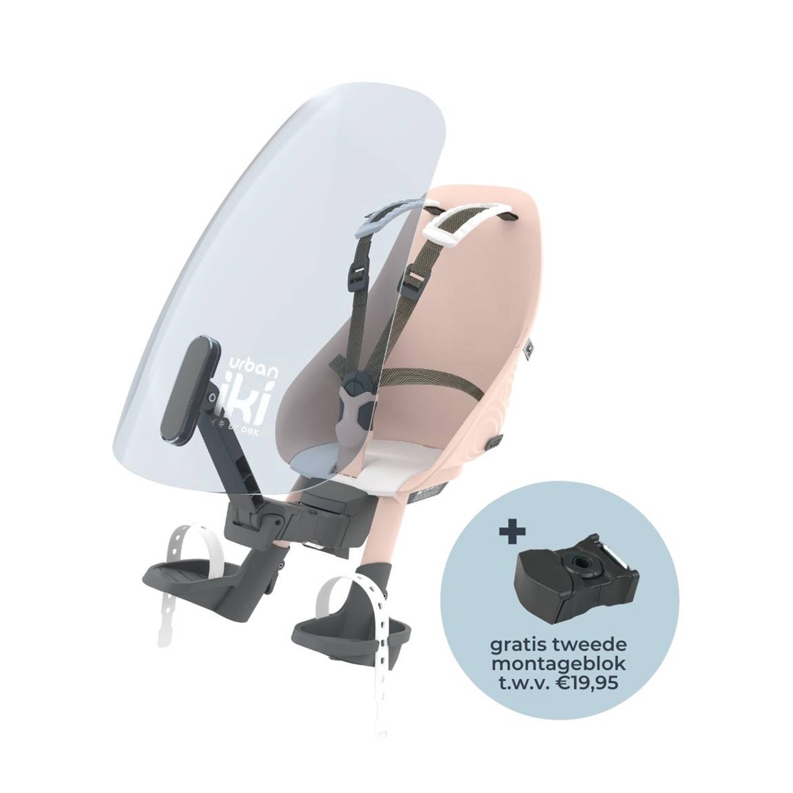 Urban Iki fietsstoeltje voor + windscherm actie met gratis montage blok  Sakura Pink / Shinju White | wehkamp