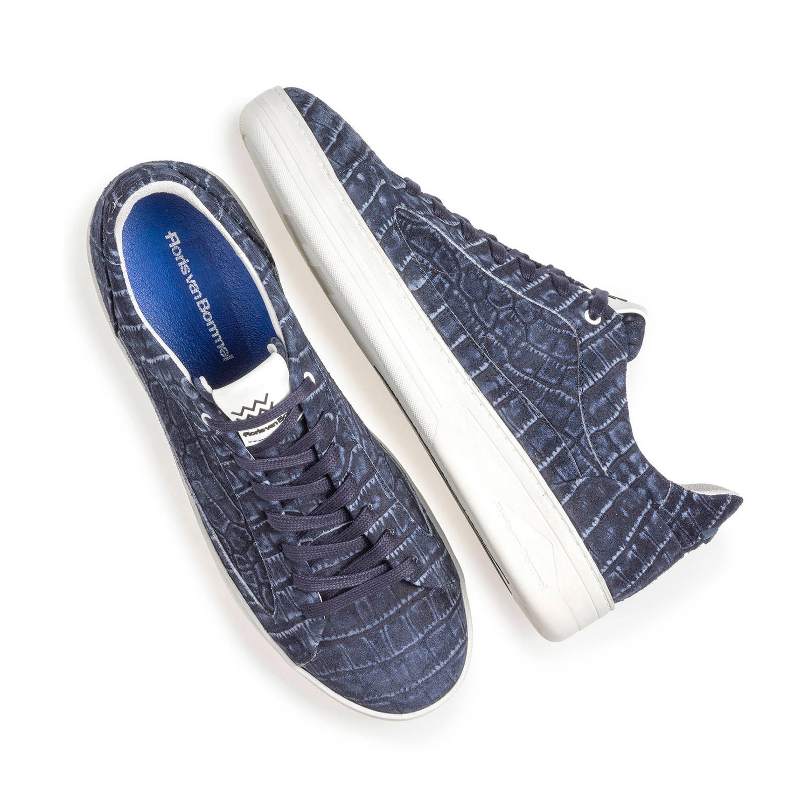 Floris van Bommel suède sneakers crocoprint blauw | wehkamp