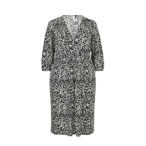 Miss Etam Plus overslagjurk met all over print en ceintuur zwart wit Miss Etam Plus overslagjurk met all over print en ceintuur zwart wit