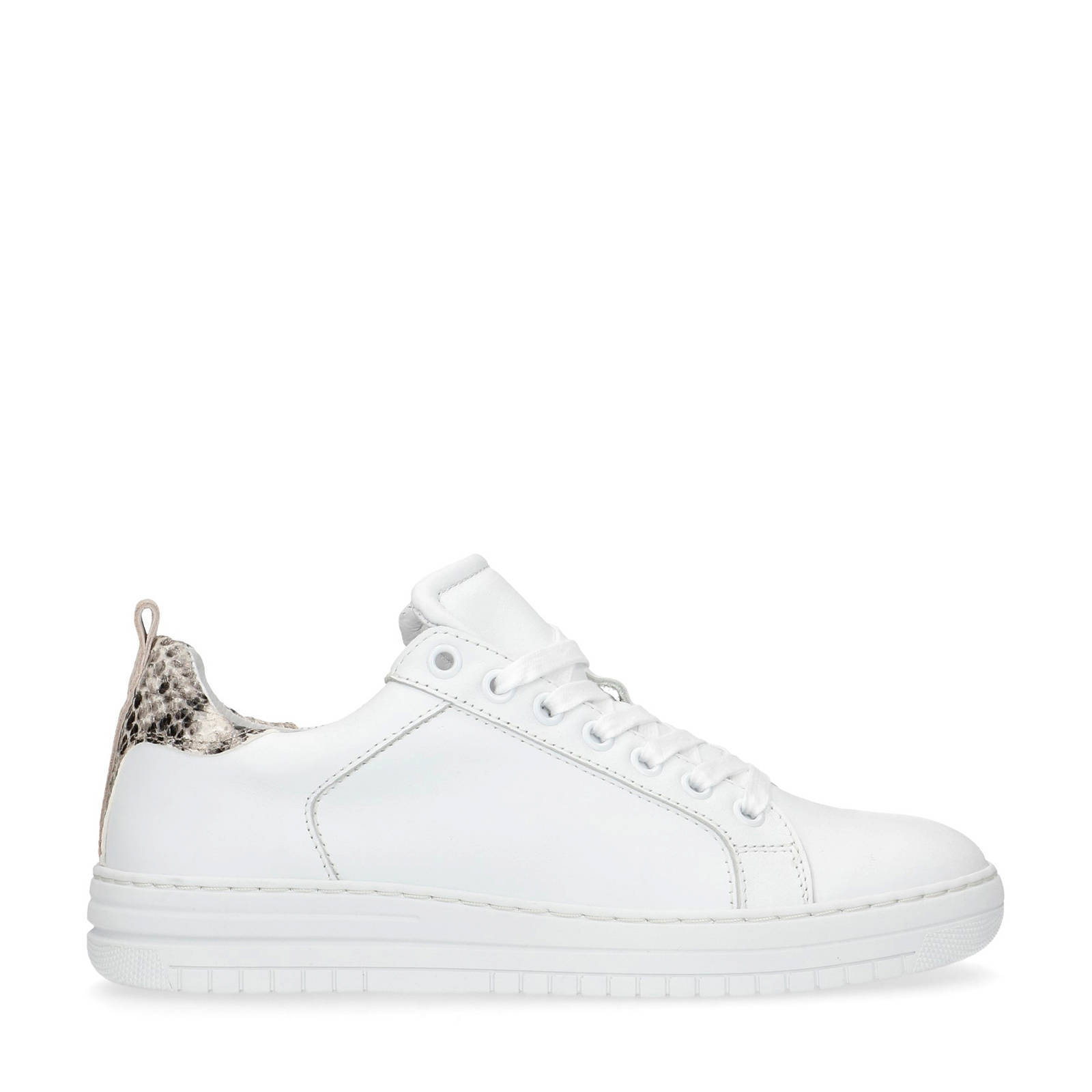 Manfield Dames Witte leren sneakers met snakeprint detail - Schoenen.nl