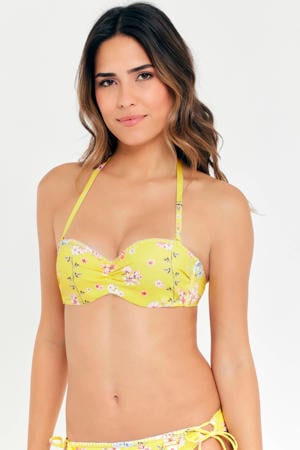 gebloemde strapless bandeau bikinitop geel