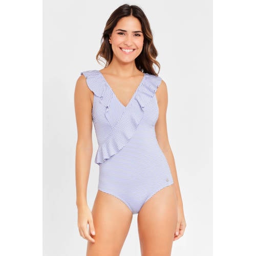 Lascana gestreept badpak met ruches blauw/wit afbeelding